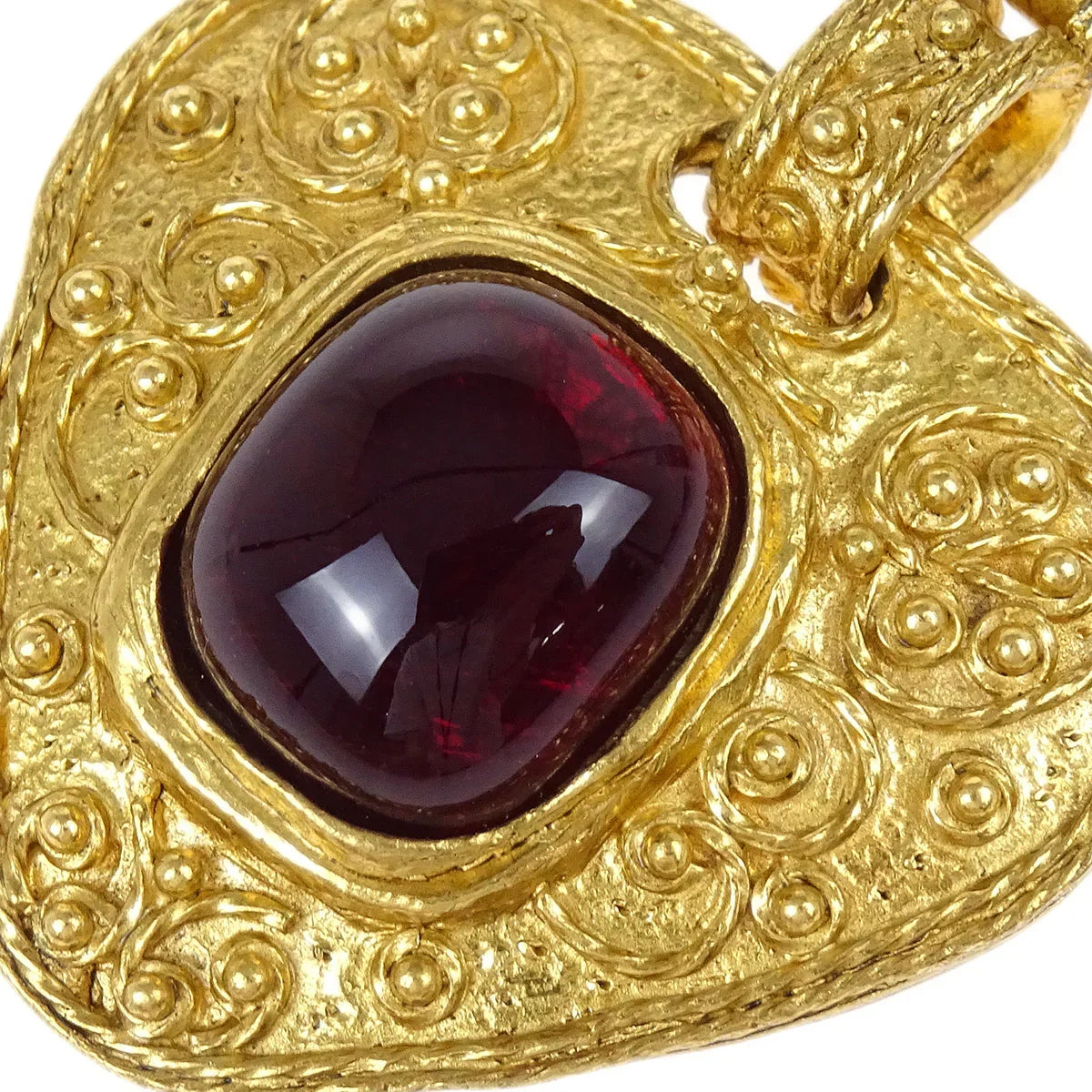 Chanel Gripoix Brooch Pin Heart CC Dangle Gold Red 94A