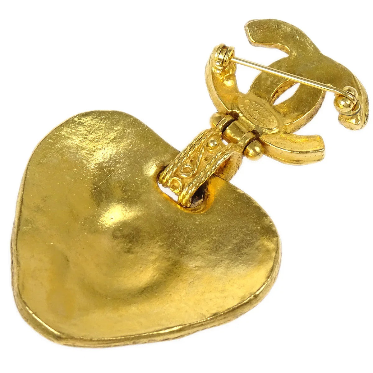 Chanel Gripoix Brooch Pin Heart CC Dangle Gold Red 94A