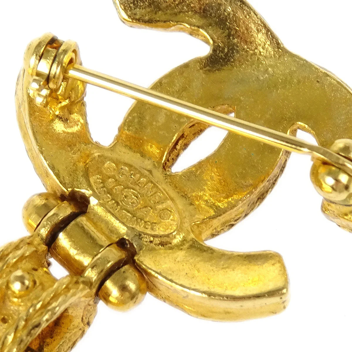 Chanel Gripoix Brooch Pin Heart CC Dangle Gold Red 94A