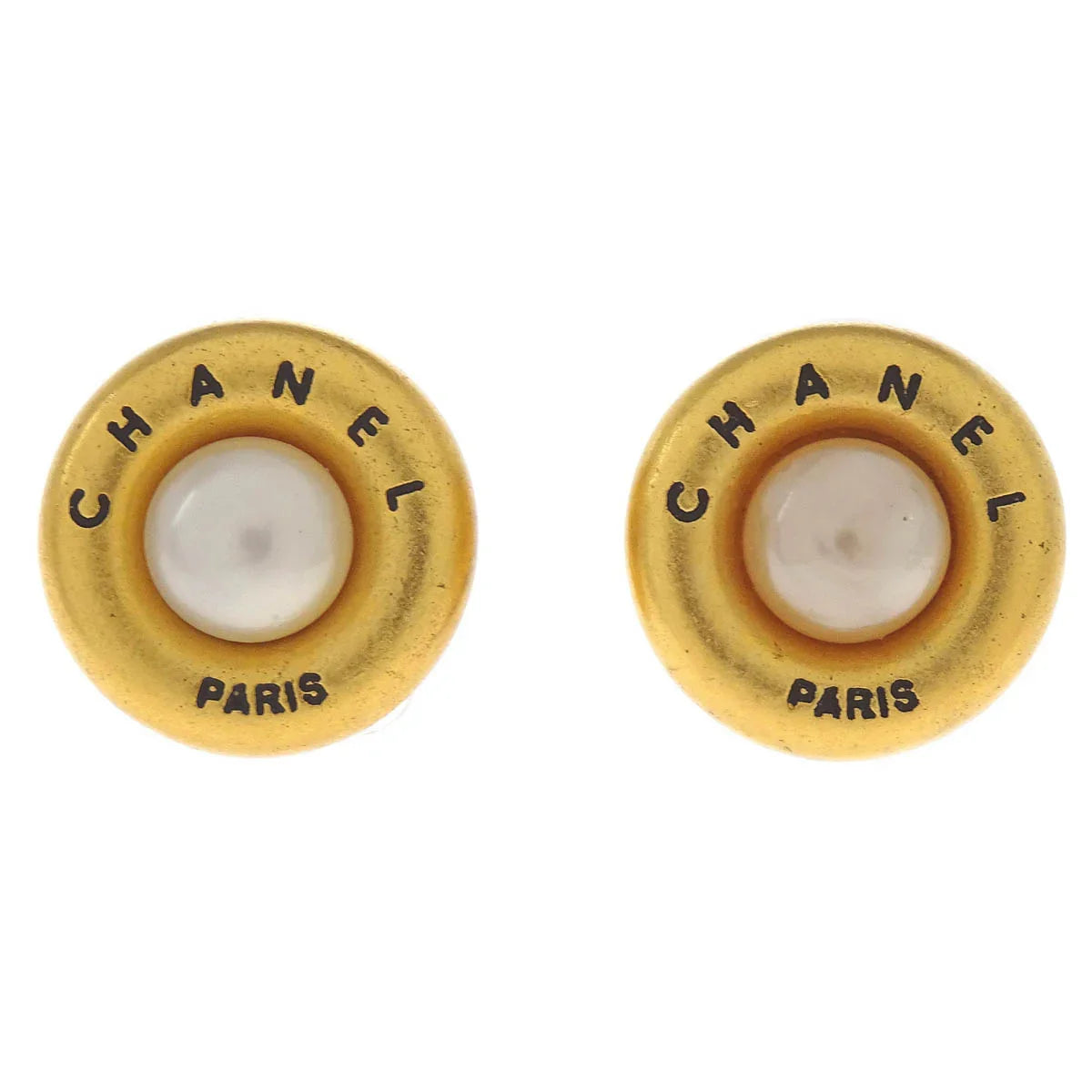Chanel Earrings Clip-On Button Costume Pearl Gold 94P