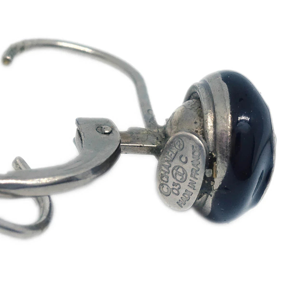 Chanel Button Piercing Earrings Black Silver 03C