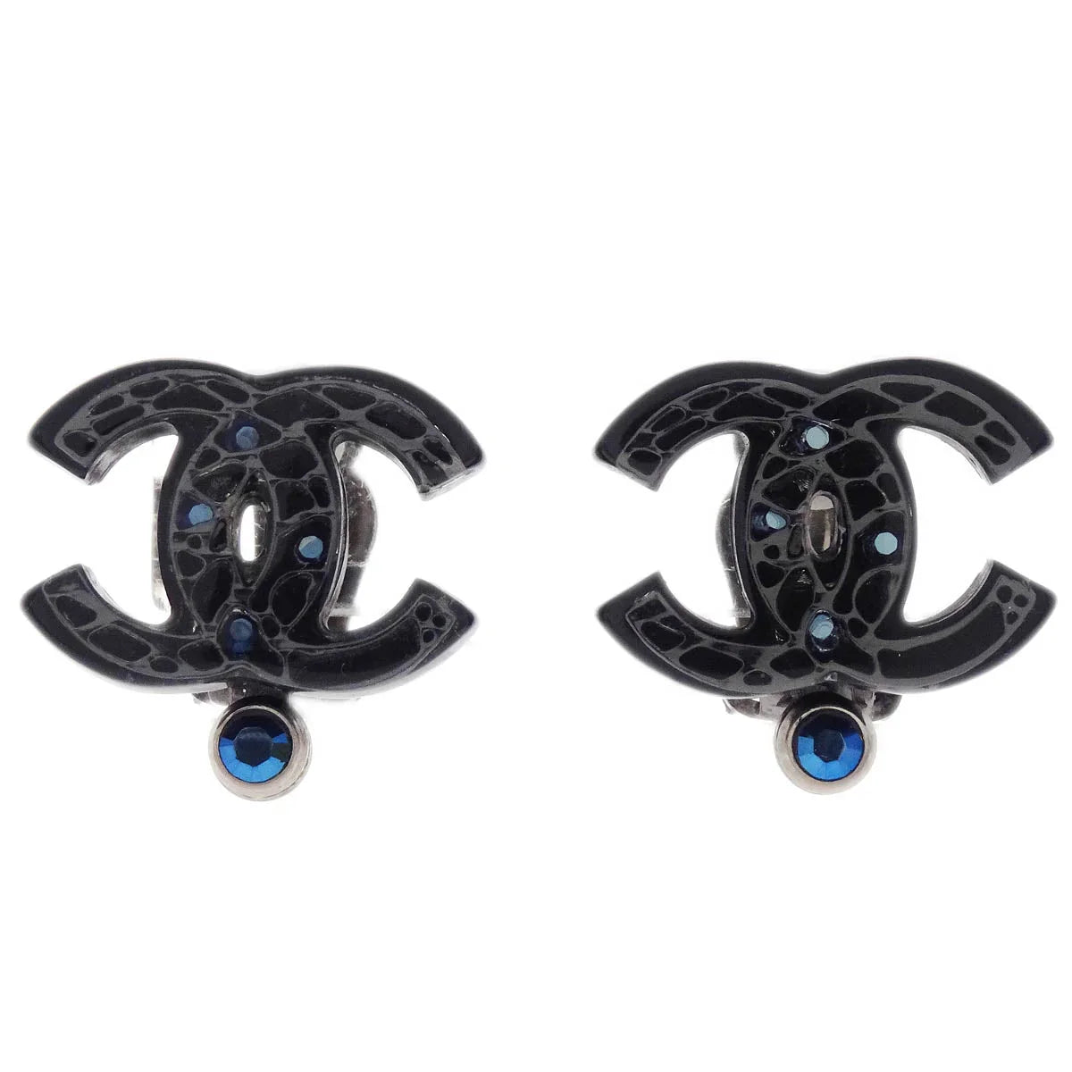 Chanel CC Earrings Clip-On Silver Black Rhinestone 06A