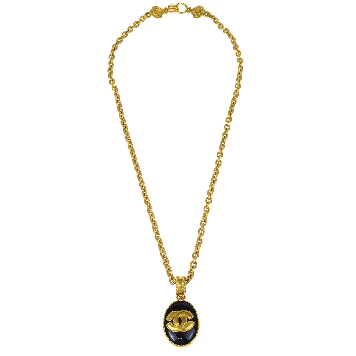 Chanel Oval Stone Gold Chain Pendant Necklace 96A