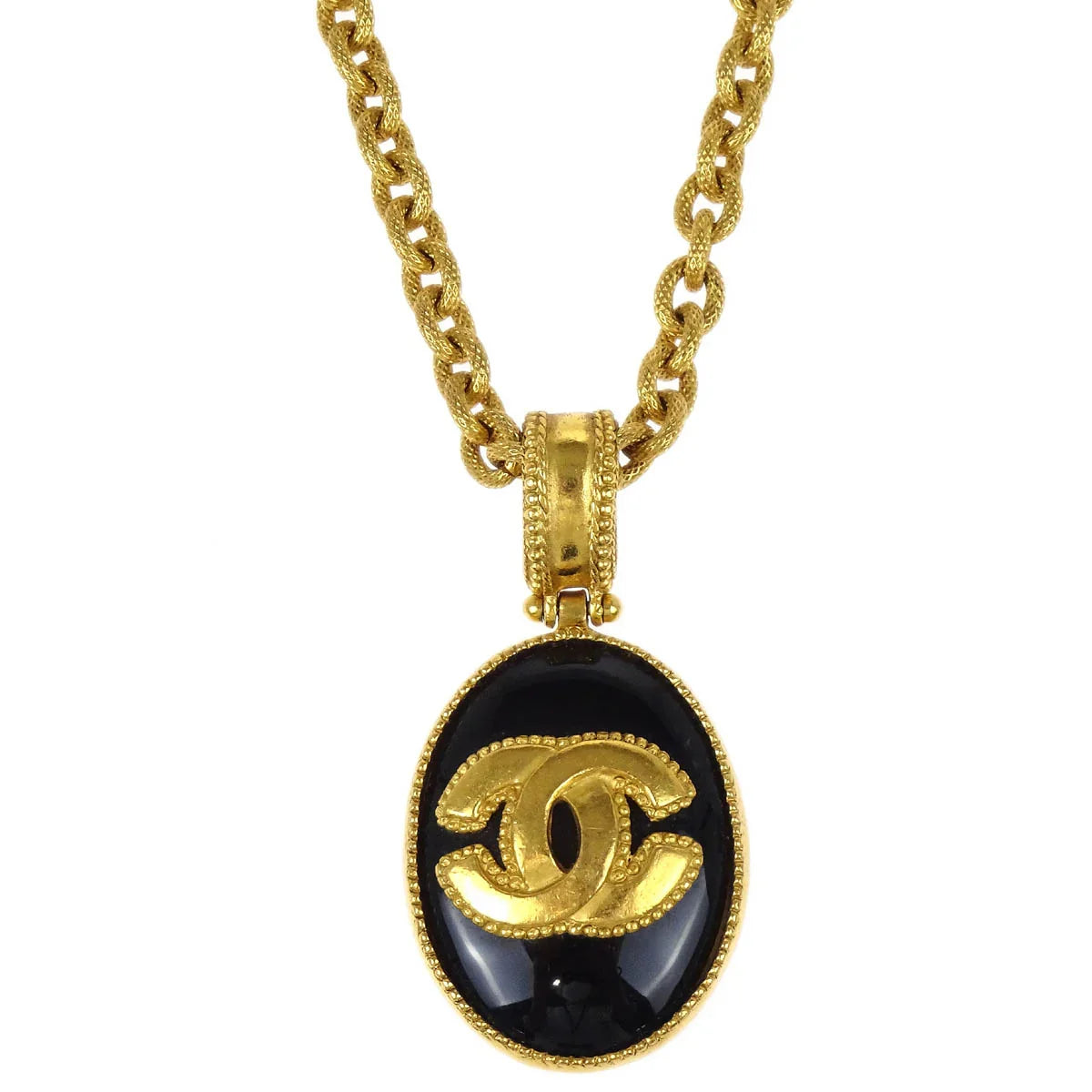 Chanel Oval Stone Gold Chain Pendant Necklace 96A