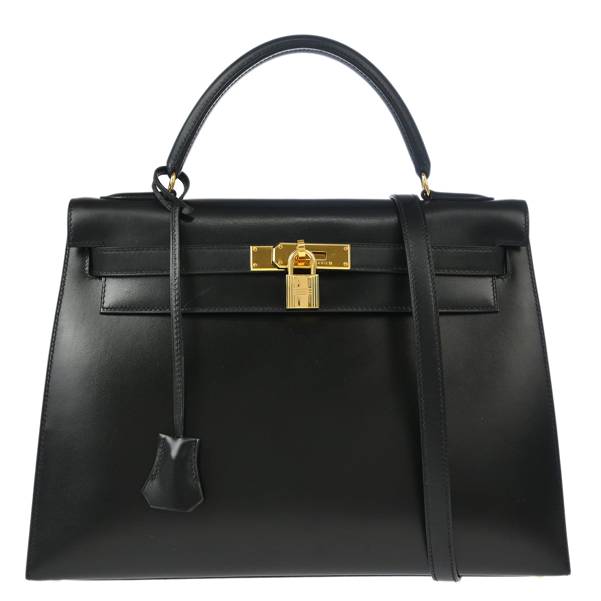 Hermes 1996 Black Box Calf Kelly 32 Sellier Handbag