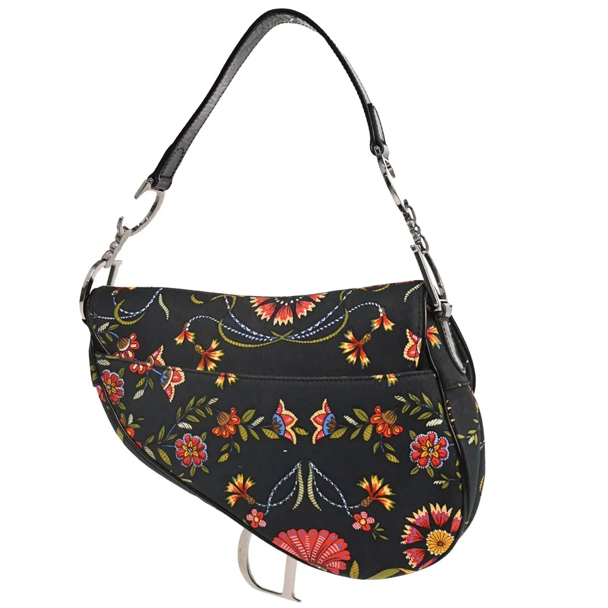 Christian Dior 2002 Black Canvas Floral Saddle Handbag