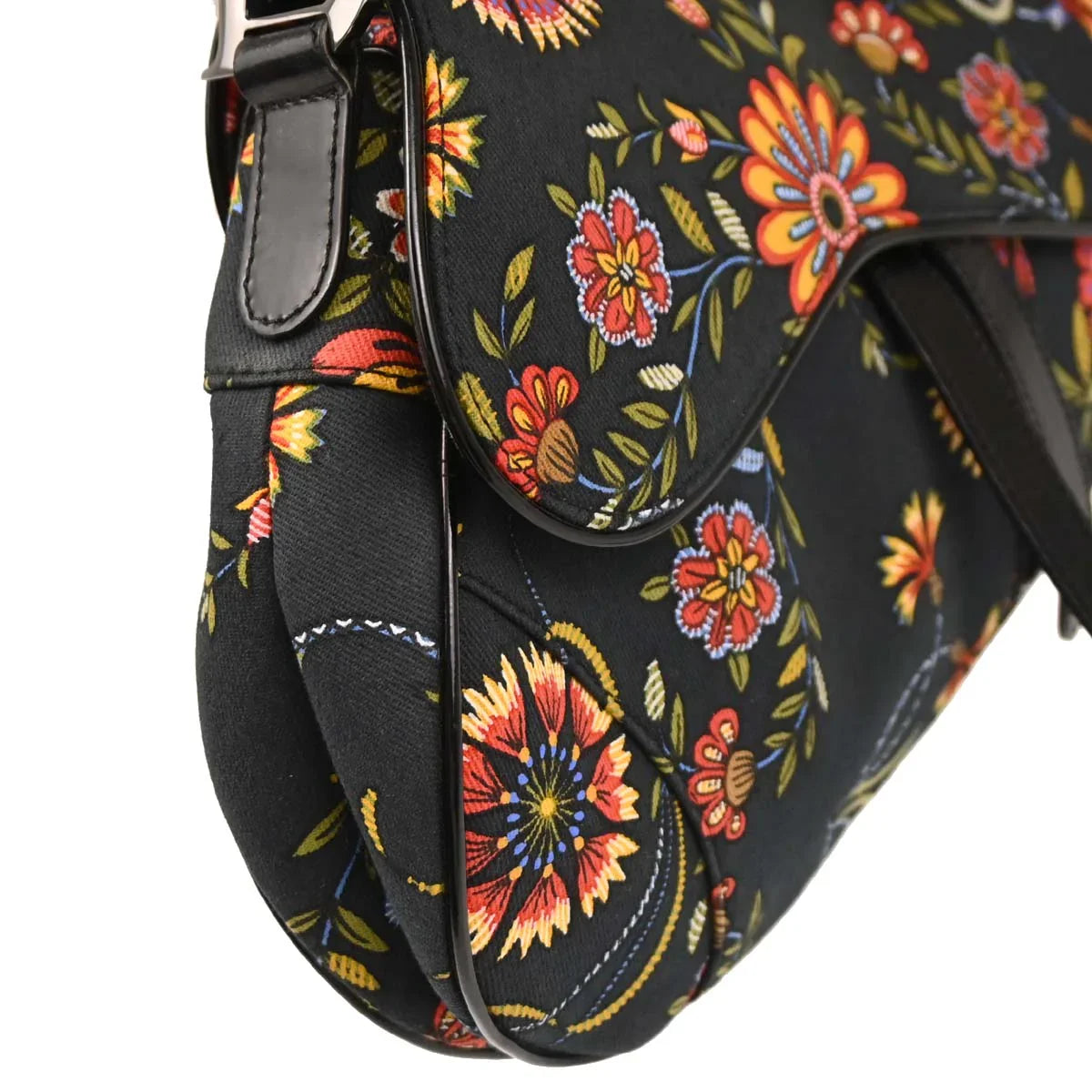 Christian Dior 2002 Black Canvas Floral Saddle Handbag