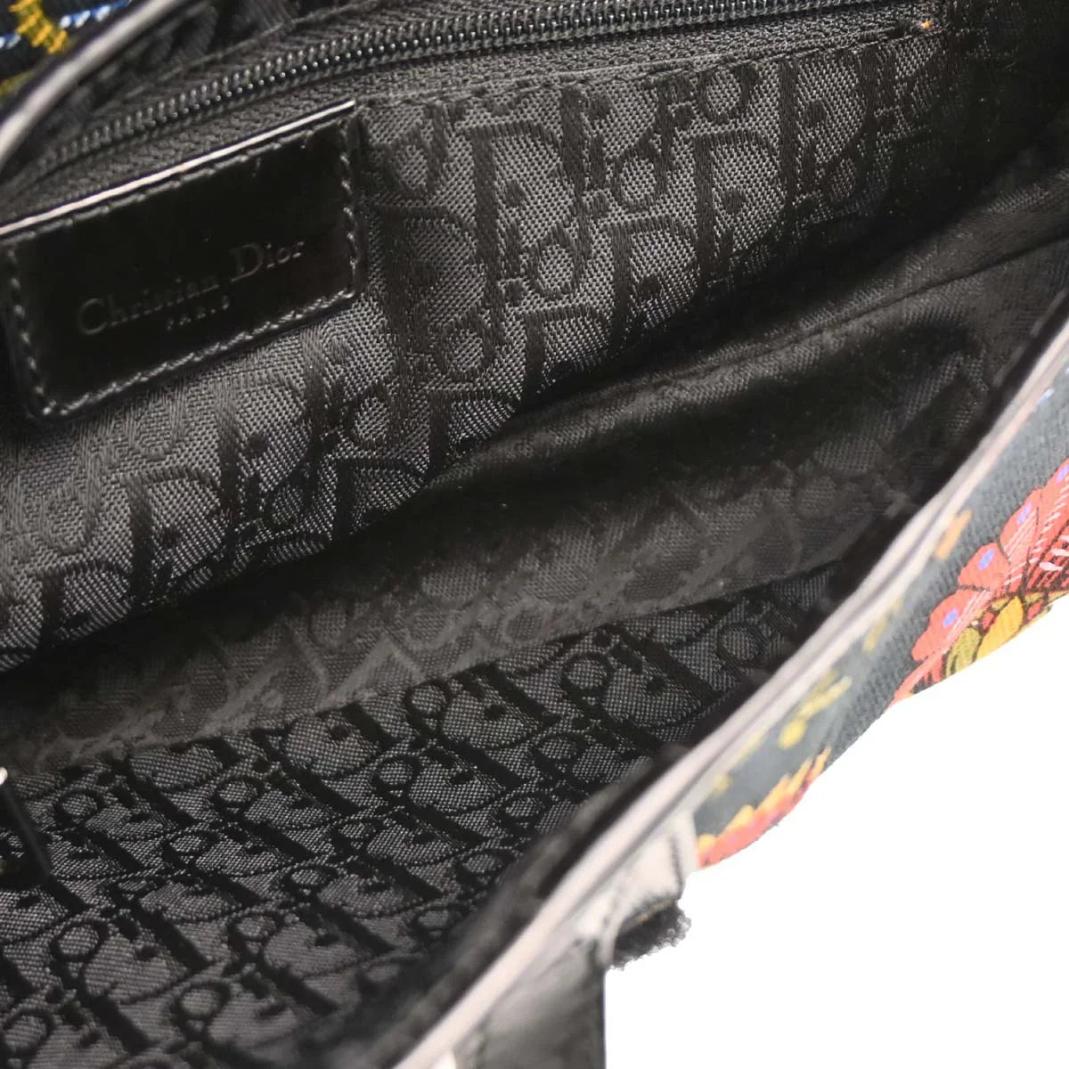 Christian Dior 2002 Black Canvas Floral Saddle Handbag