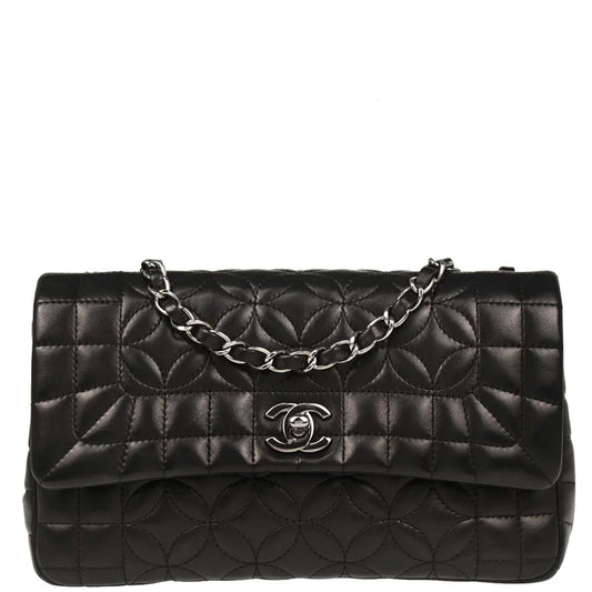Chanel 2005-2006 Black Lambskin Choco Bar Flower Stitch Shoulder Bag