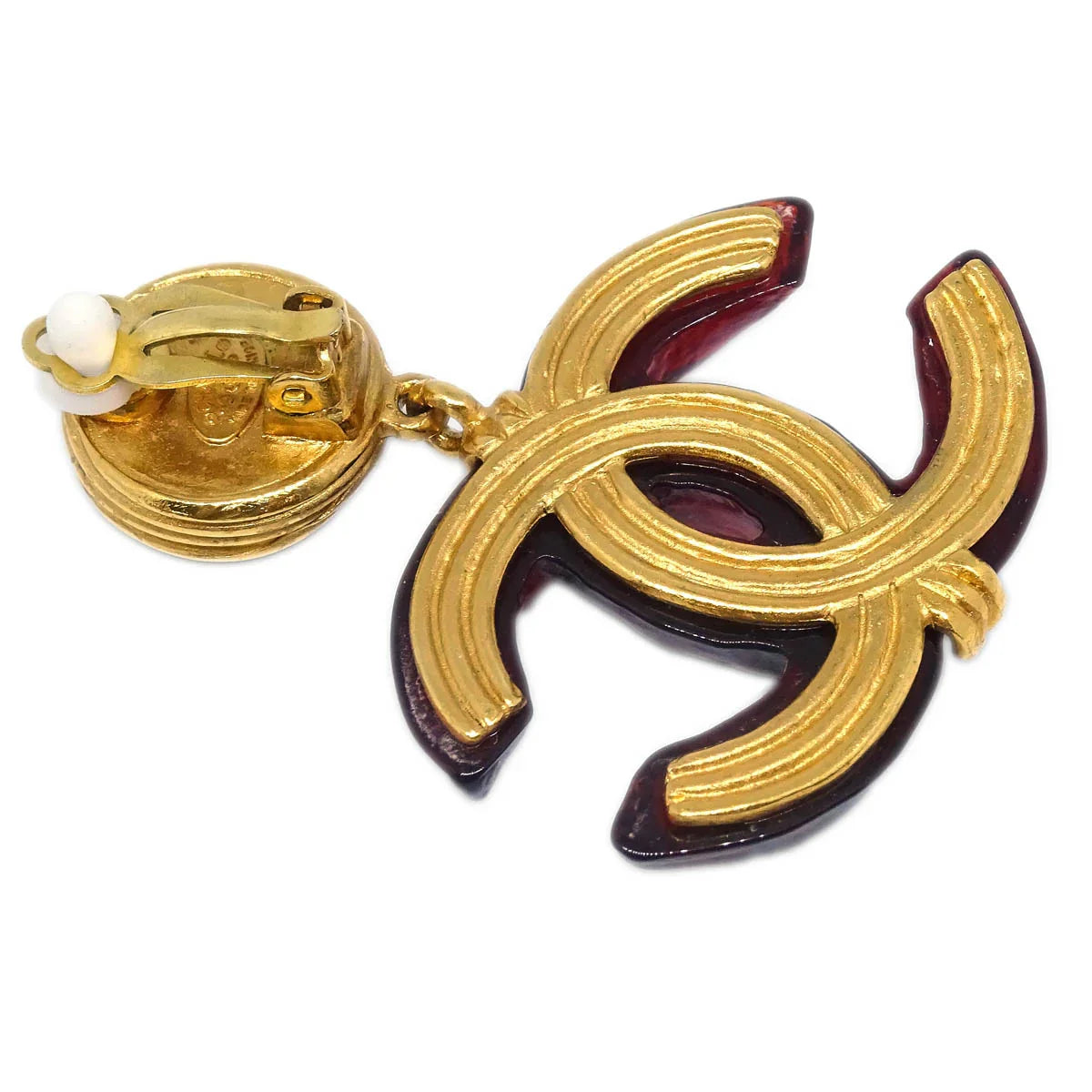 Chanel CC Dangle Earrings Gold Clip-On Red 99P