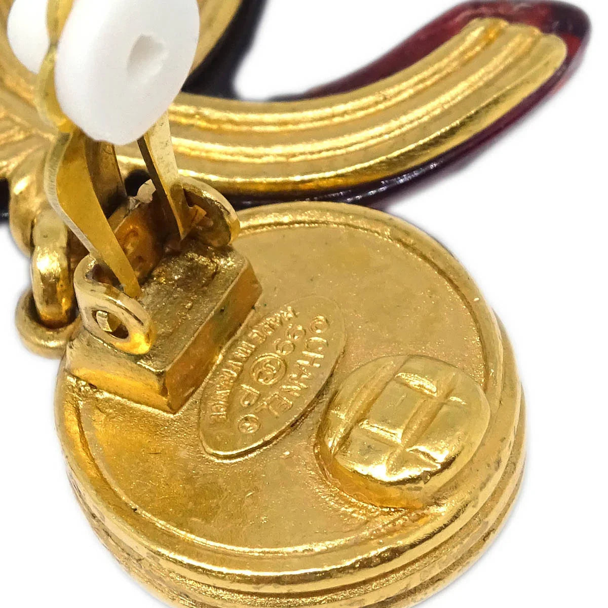 Chanel CC Dangle Earrings Gold Clip-On Red 99P
