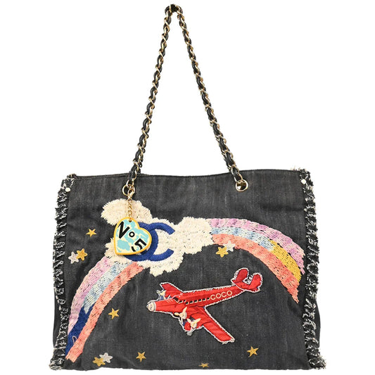 Chanel 2005-2006 Navy Denim Night Flight Tote Handbag