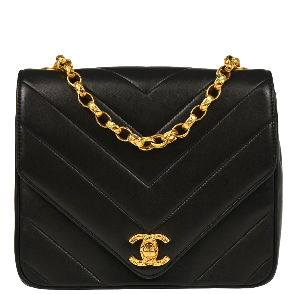Chanel 1991-1994 Black Lambskin Chevron Shoulder Bag