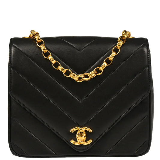 Chanel 1991-1994 Black Lambskin Chevron Shoulder Bag