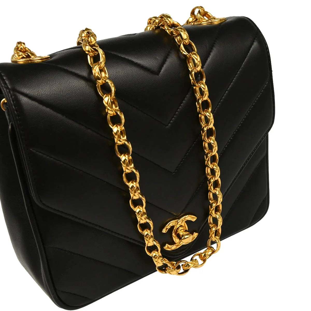 Chanel 1991-1994 Black Lambskin Chevron Shoulder Bag