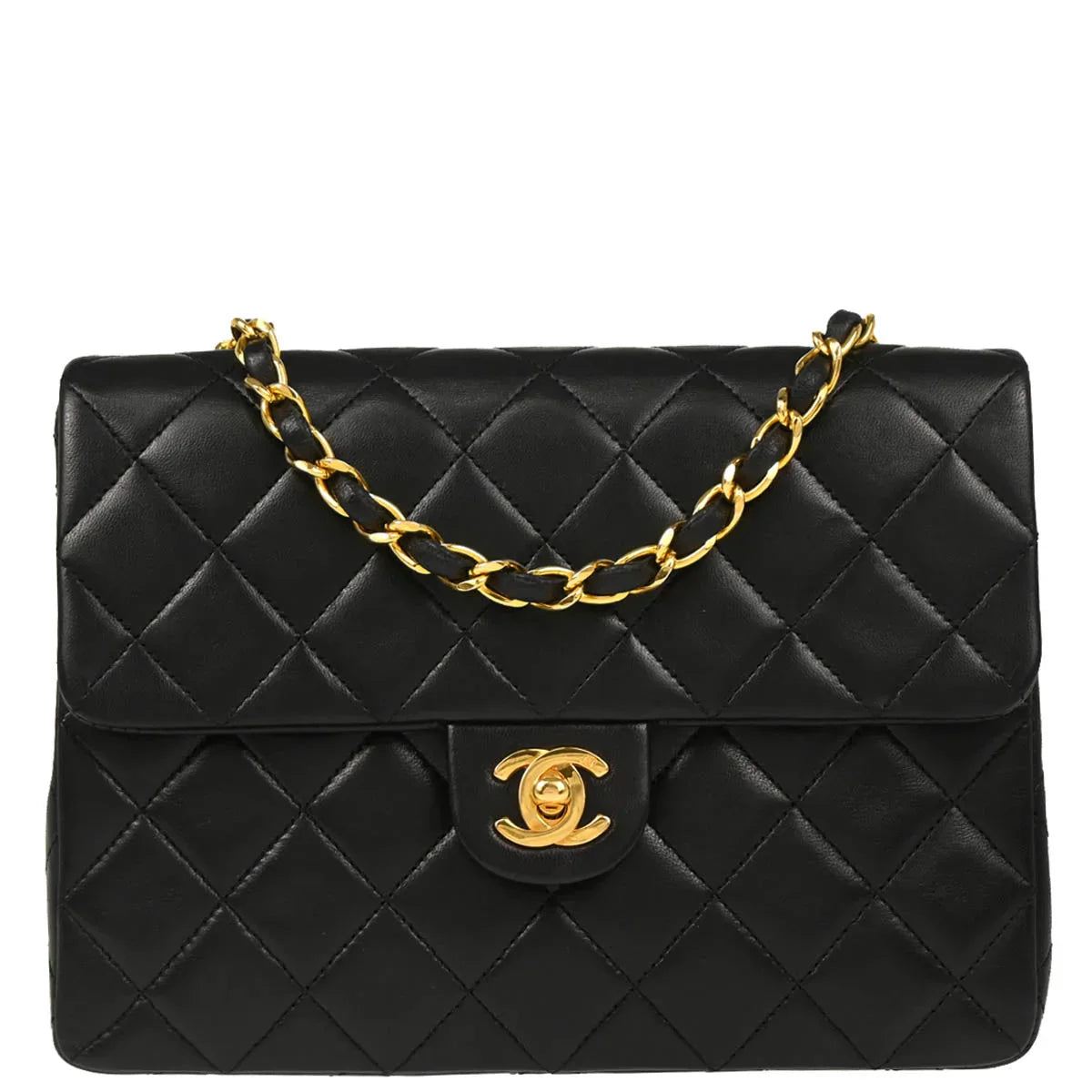 Chanel 1989-1991 Black Lambskin Classic Square Flap Shoulder Bag