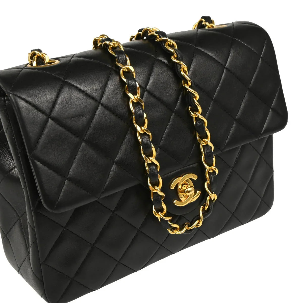 Chanel Black Lambskin Classic Square Flap Shoulder Bag