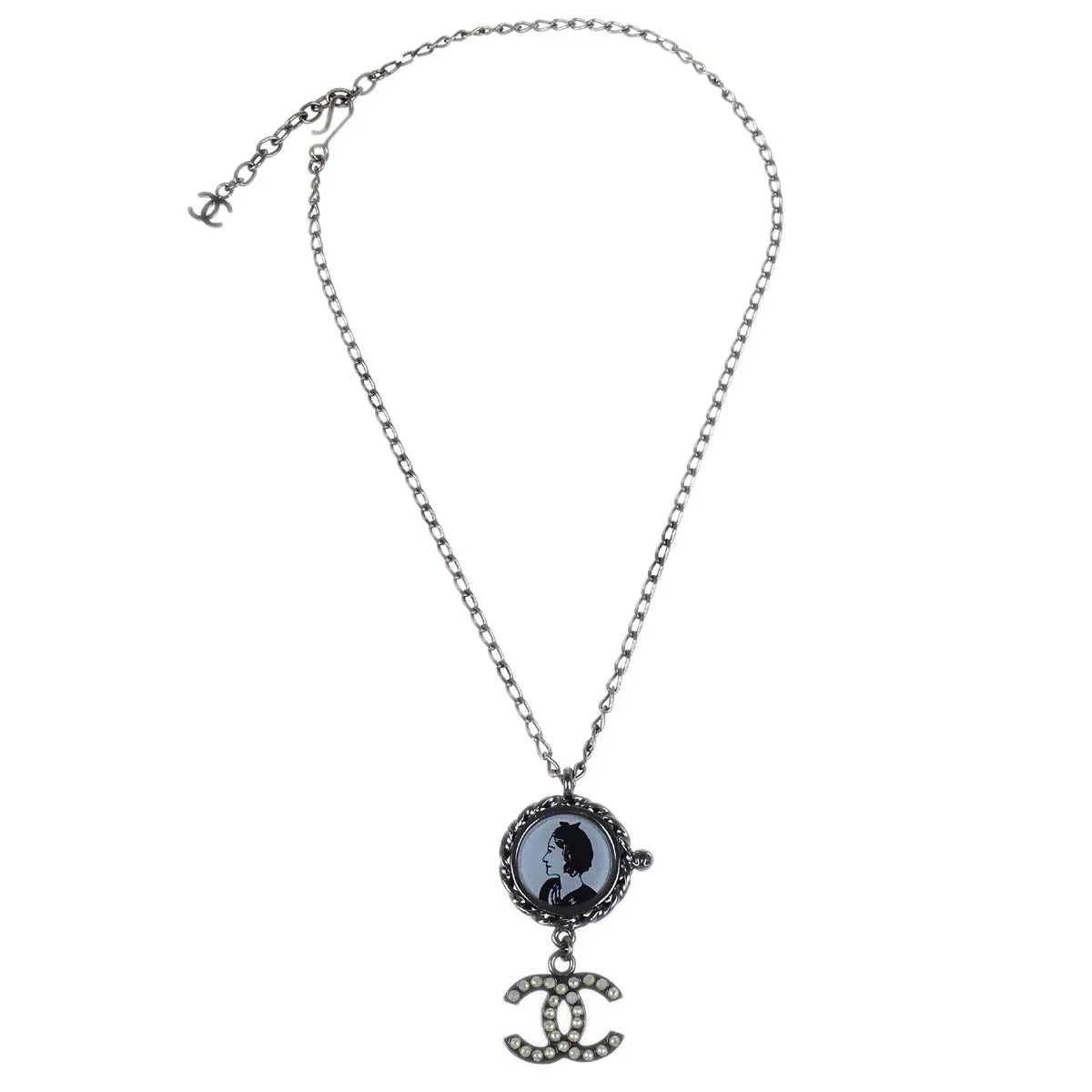 Chanel Mademoiselle CC Chain Pendant Necklace Silver Costume Pearl 03P