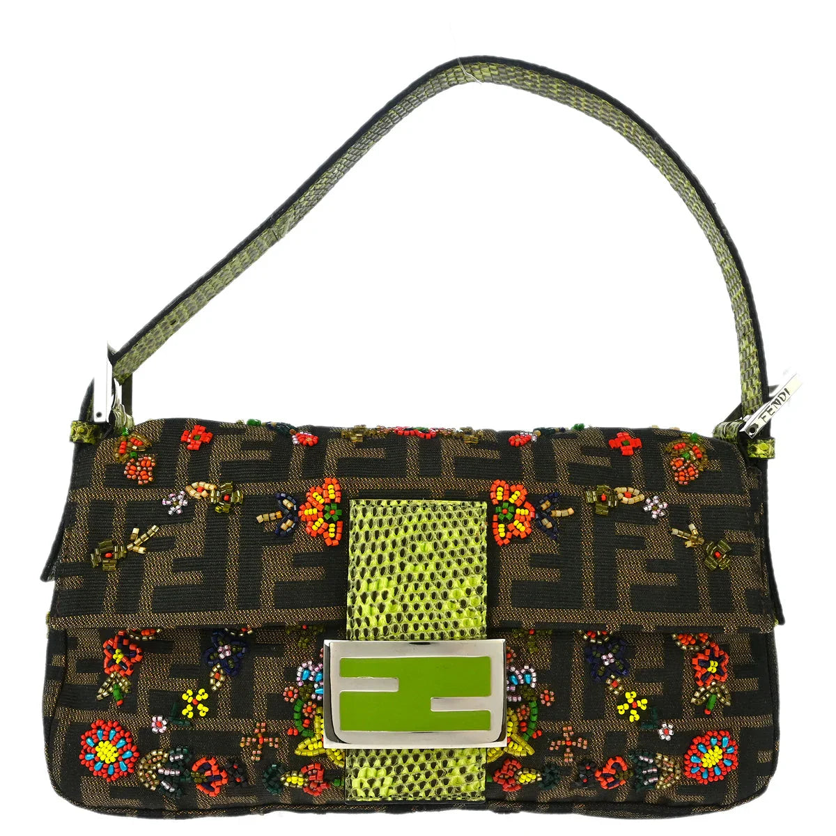 Fendi* 2000 Brown Lizard Zucca Baguette Handbag