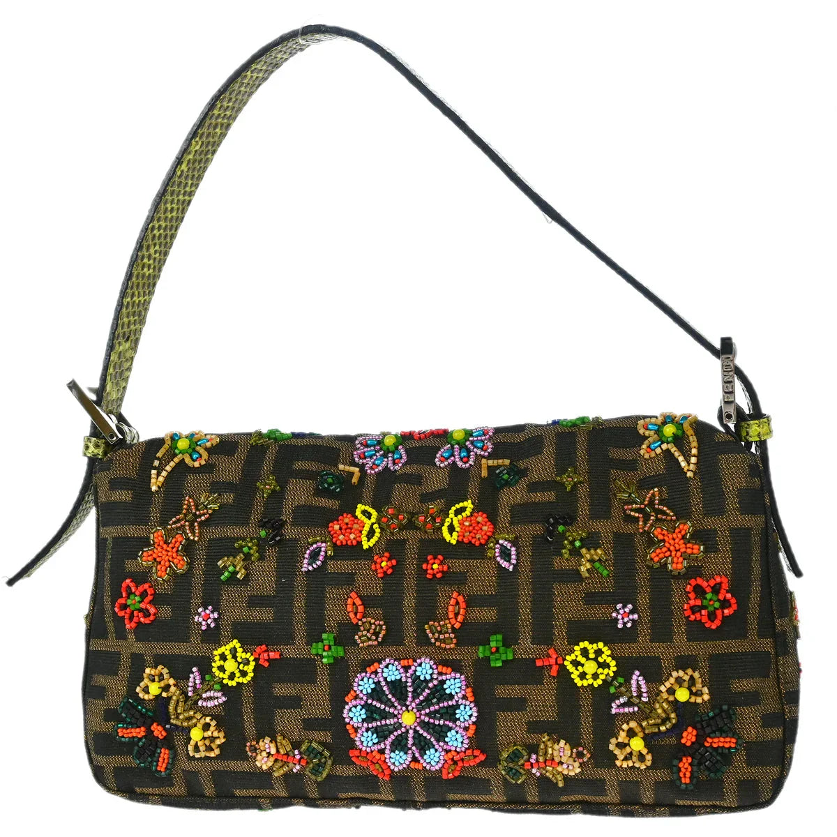 Fendi* 2000 Brown Lizard Zucca Baguette Handbag