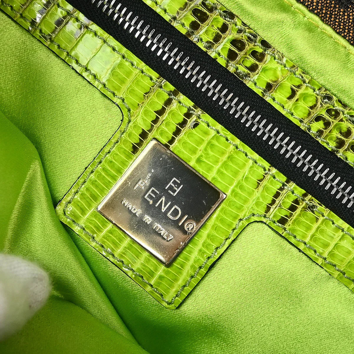 Fendi* 2000 Brown Lizard Zucca Baguette Handbag