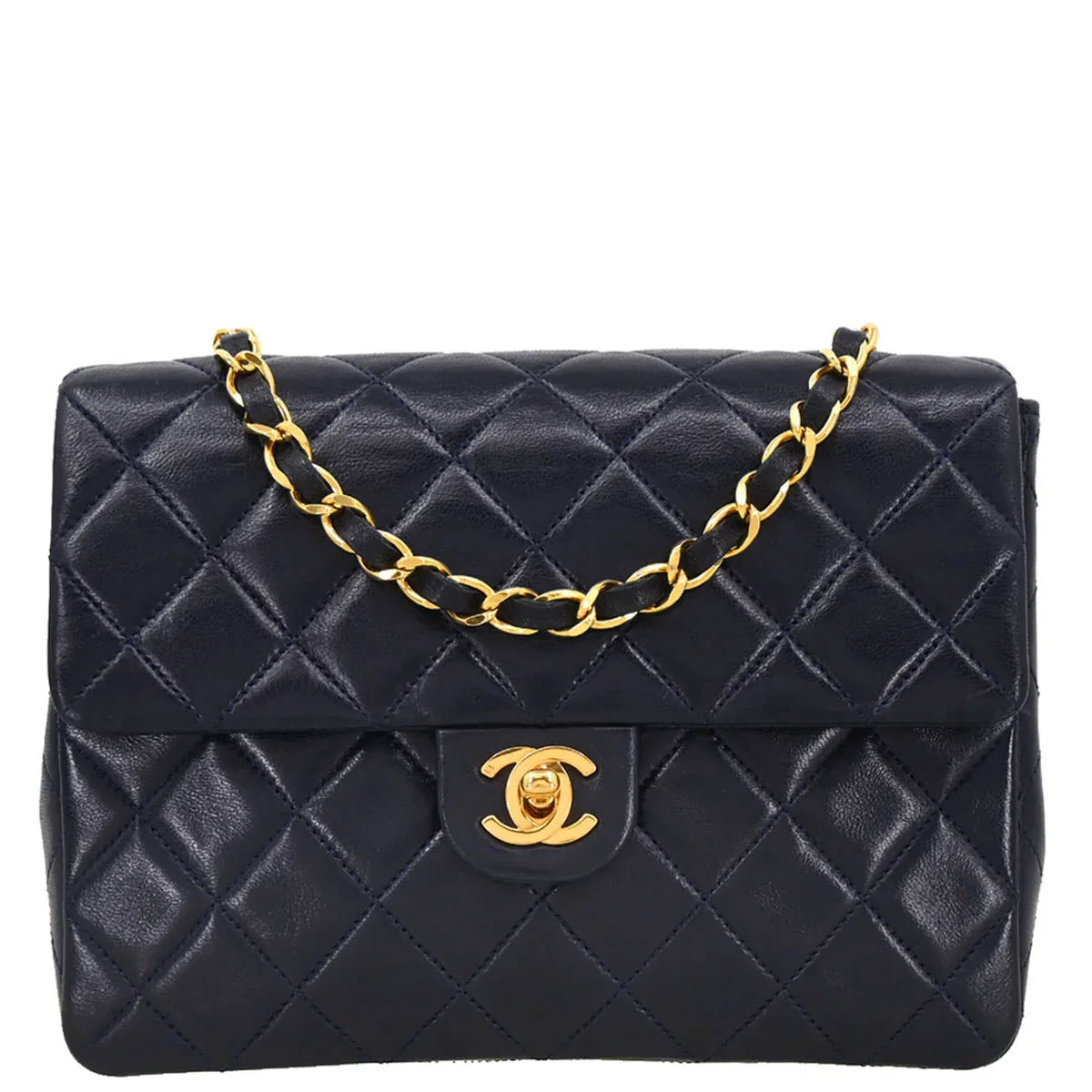 Chanel 1989-1991 Navy Lambskin Classic Square Flap Shoulder Bag