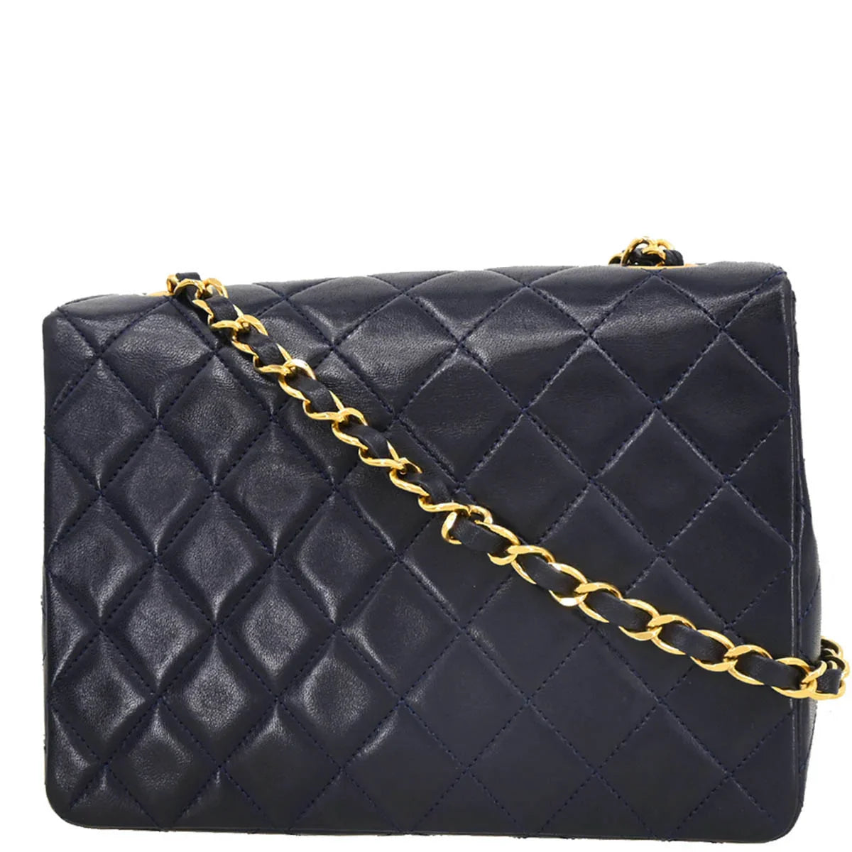 Chanel 1989-1991 Navy Lambskin Classic Square Flap Shoulder Bag