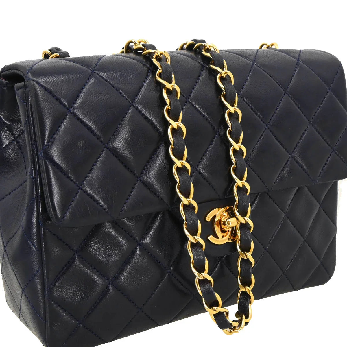 Chanel 1989-1991 Navy Lambskin Classic Square Flap Shoulder Bag