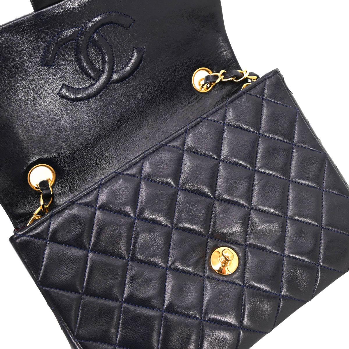 Chanel 1989-1991 Navy Lambskin Classic Square Flap Shoulder Bag