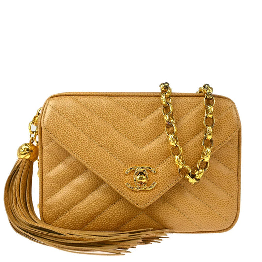 Chanel 1991-1994 Beige Caviar Chevron Camera Bag Mini