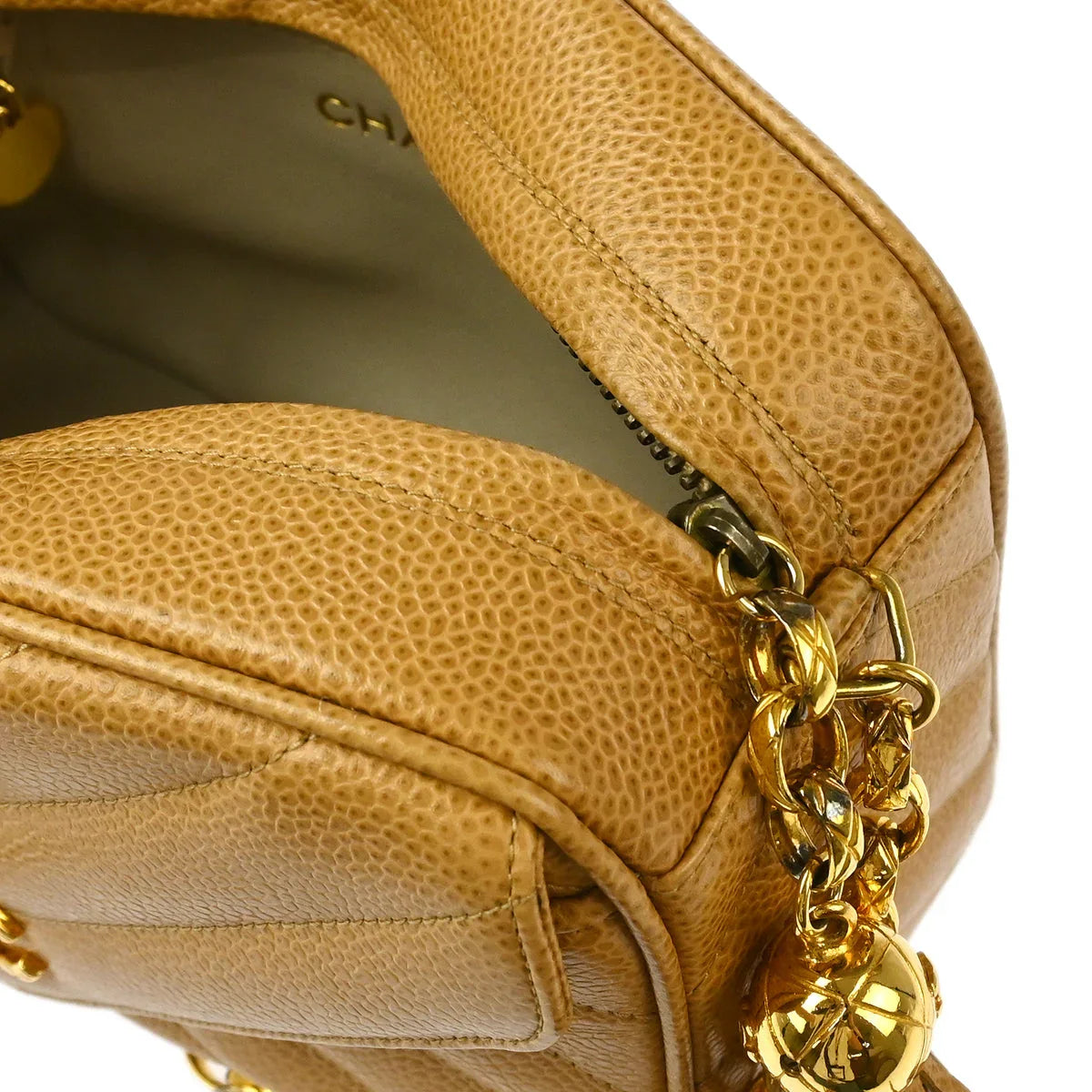 Chanel 1991-1994 Beige Caviar Chevron Camera Bag Mini