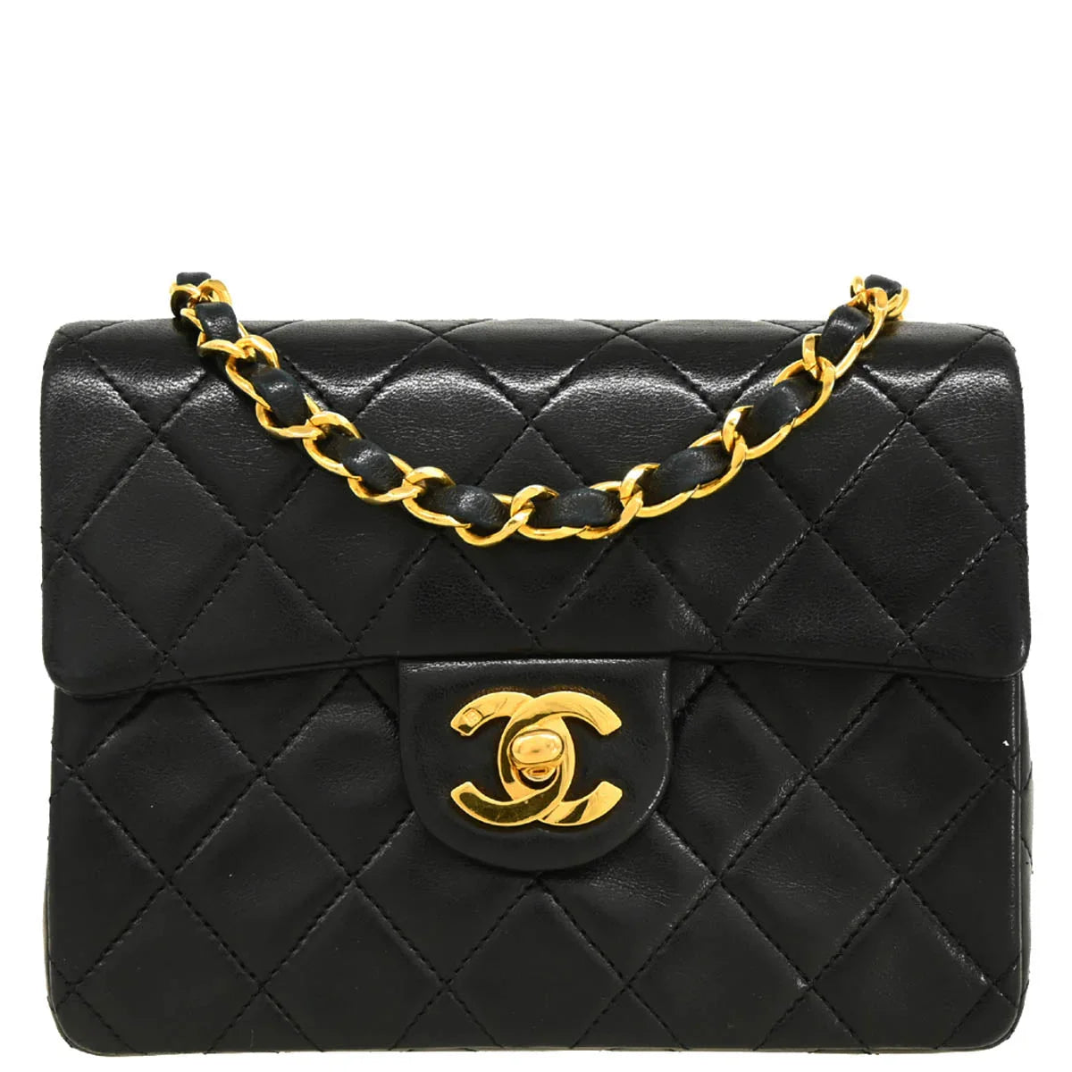 Chanel 1989-1991 Black Lambskin Mini Classic Square Flap Shoulder Bag