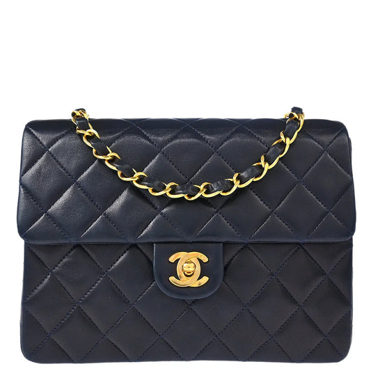 Chanel 1991-1994 Navy Lambskin Classic Square Flap Shoulder Bag