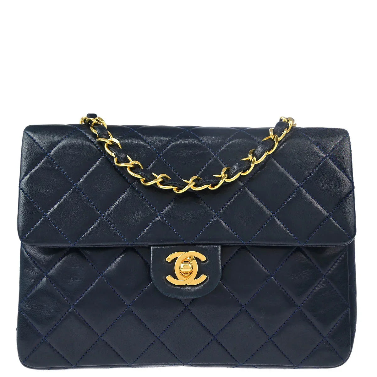 Chanel 1989-1991 Navy Lambskin Classic Square Flap Shoulder Bag