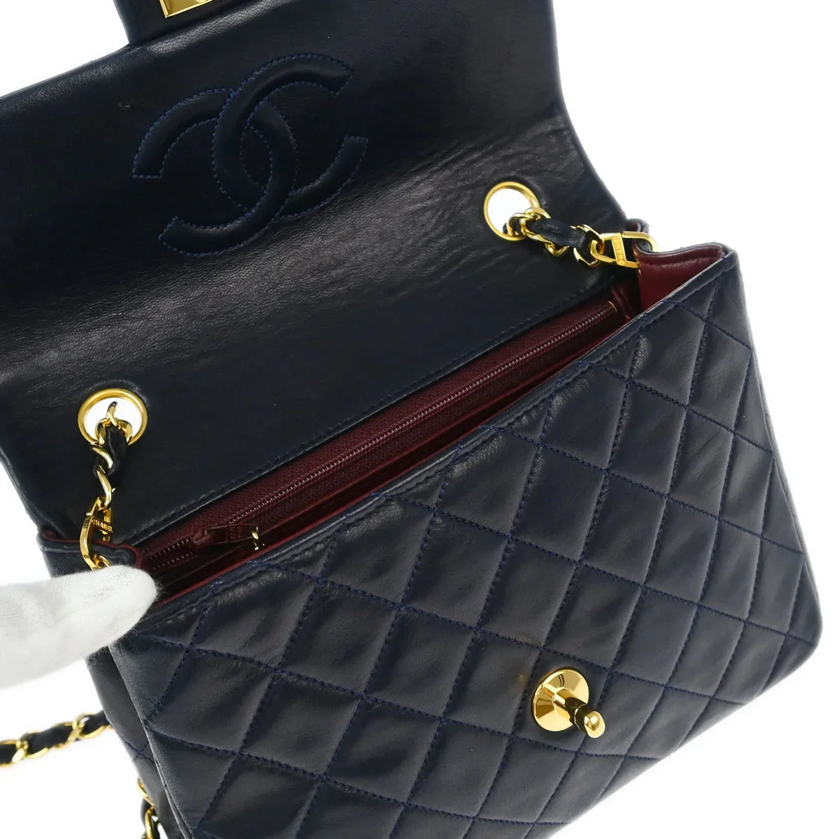 Chanel 1989-1991 Navy Lambskin Classic Square Flap Shoulder Bag