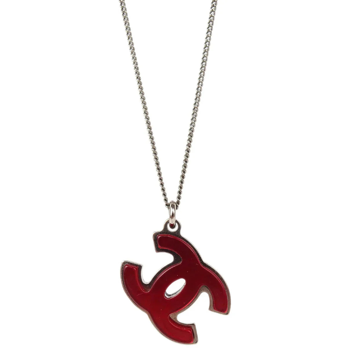 Chanel CC Chain Pendant Necklace Acrylic Silver Red Black 05P