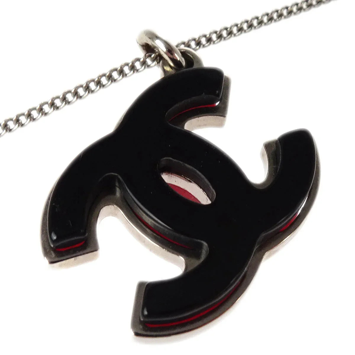 Chanel CC Chain Pendant Necklace Acrylic Silver Red Black 05P