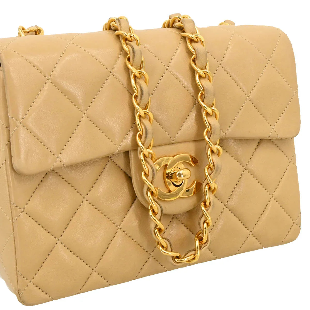 Chanel 1994-1996 Beige Lambskin Mini Classic Square Flap Shoulder Bag
