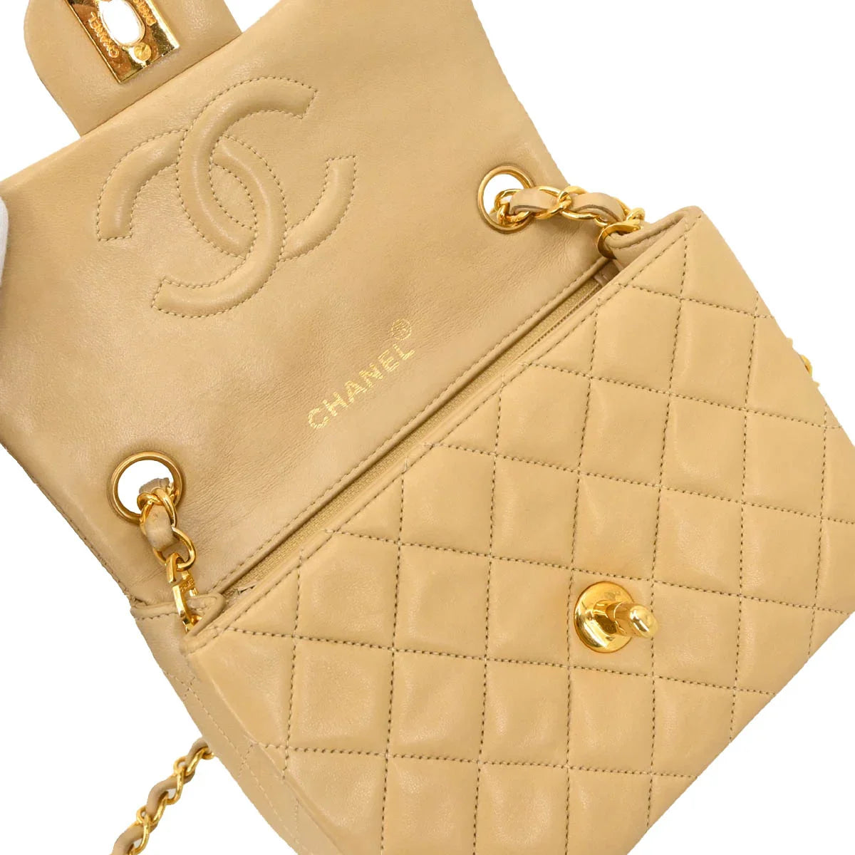 Chanel 1994-1996 Beige Lambskin Mini Classic Square Flap Shoulder Bag