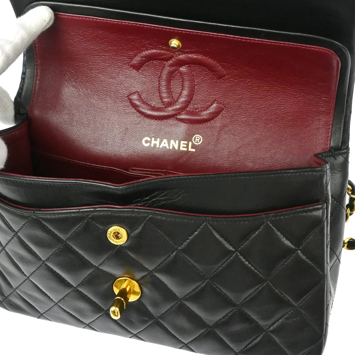 Chanel 1991-1994 Black Lambskin Small Classic Double Flap Shoulder Bag