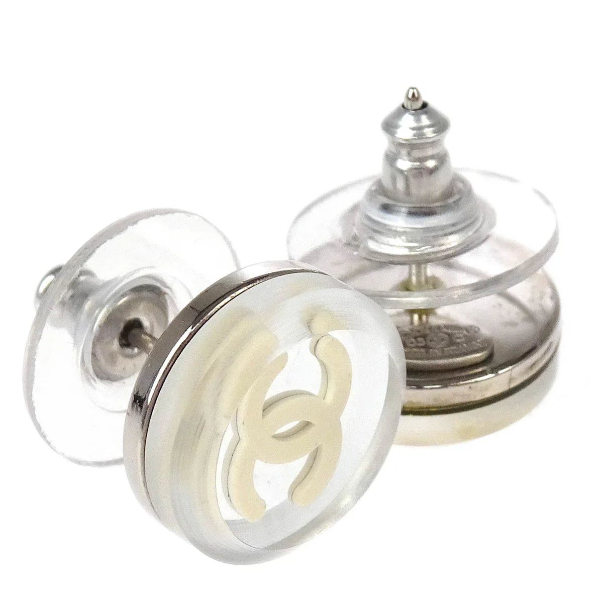 Chanel Button Piercing Earrings Clear Silver 03C