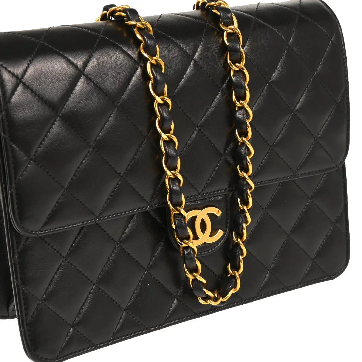 Chanel 1997-1999 Black Lambskin Pushlock Small Half Flap Shoulder Bag