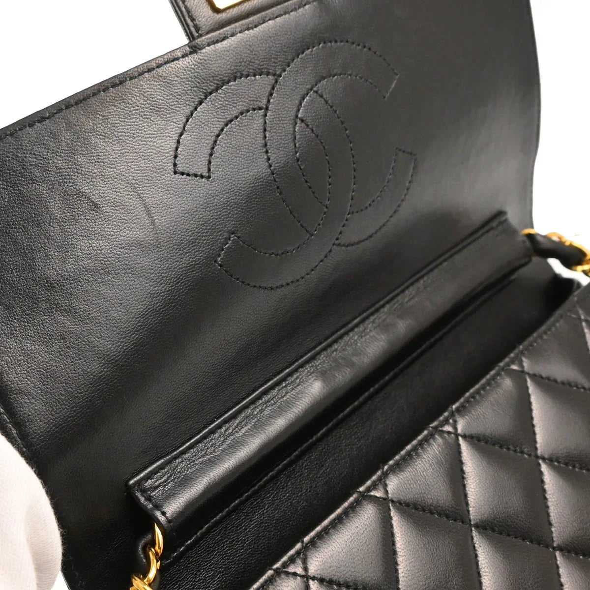 Chanel 1997-1999 Black Lambskin Pushlock Small Half Flap Shoulder Bag