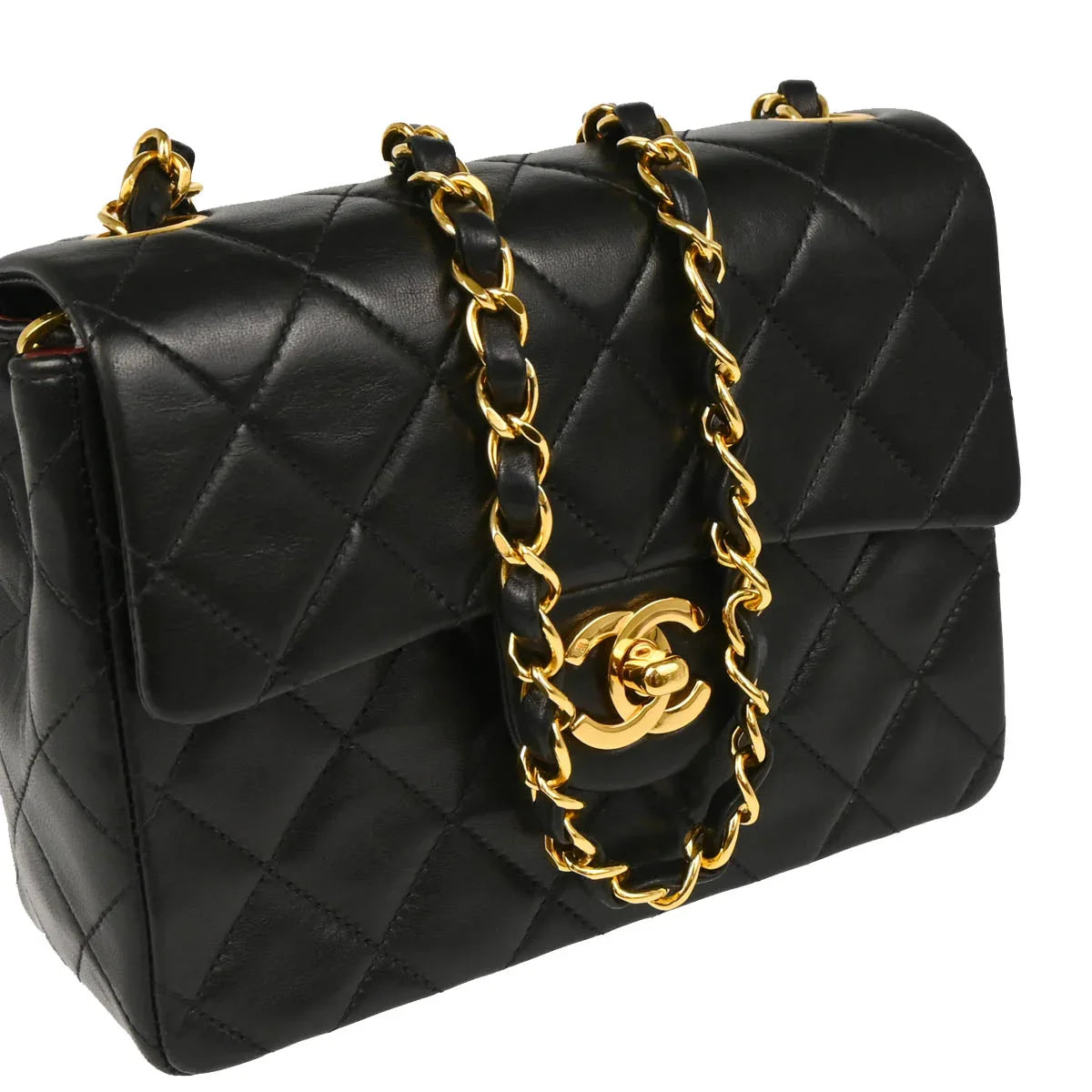 Chanel 1991-1994 Black Lambskin Mini Classic Square Flap Shoulder Bag