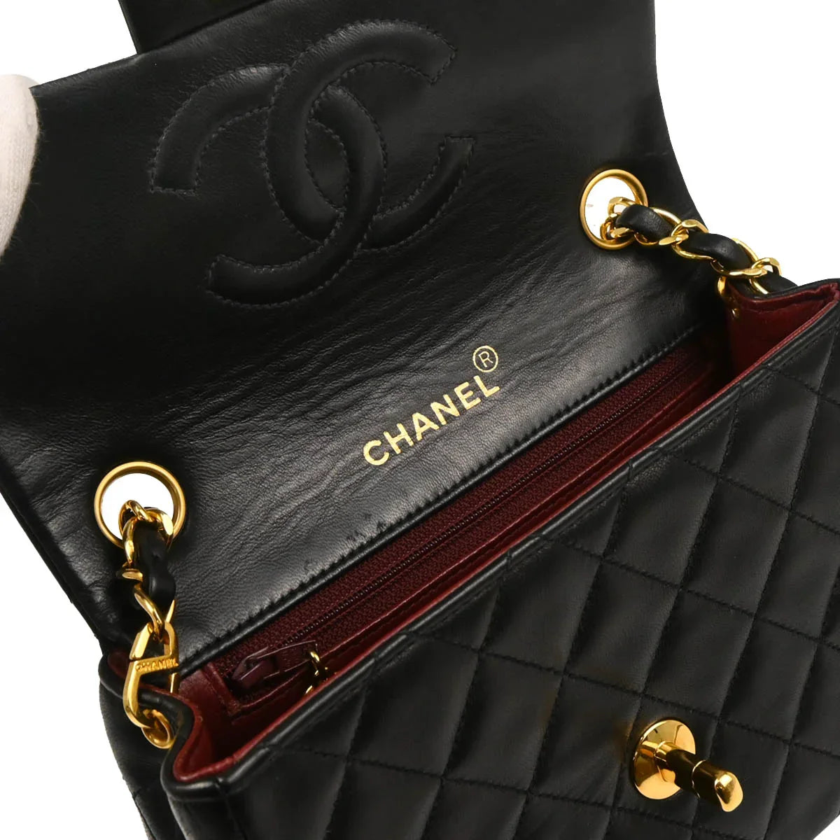 Chanel 1991-1994 Black Lambskin Mini Classic Square Flap Shoulder Bag