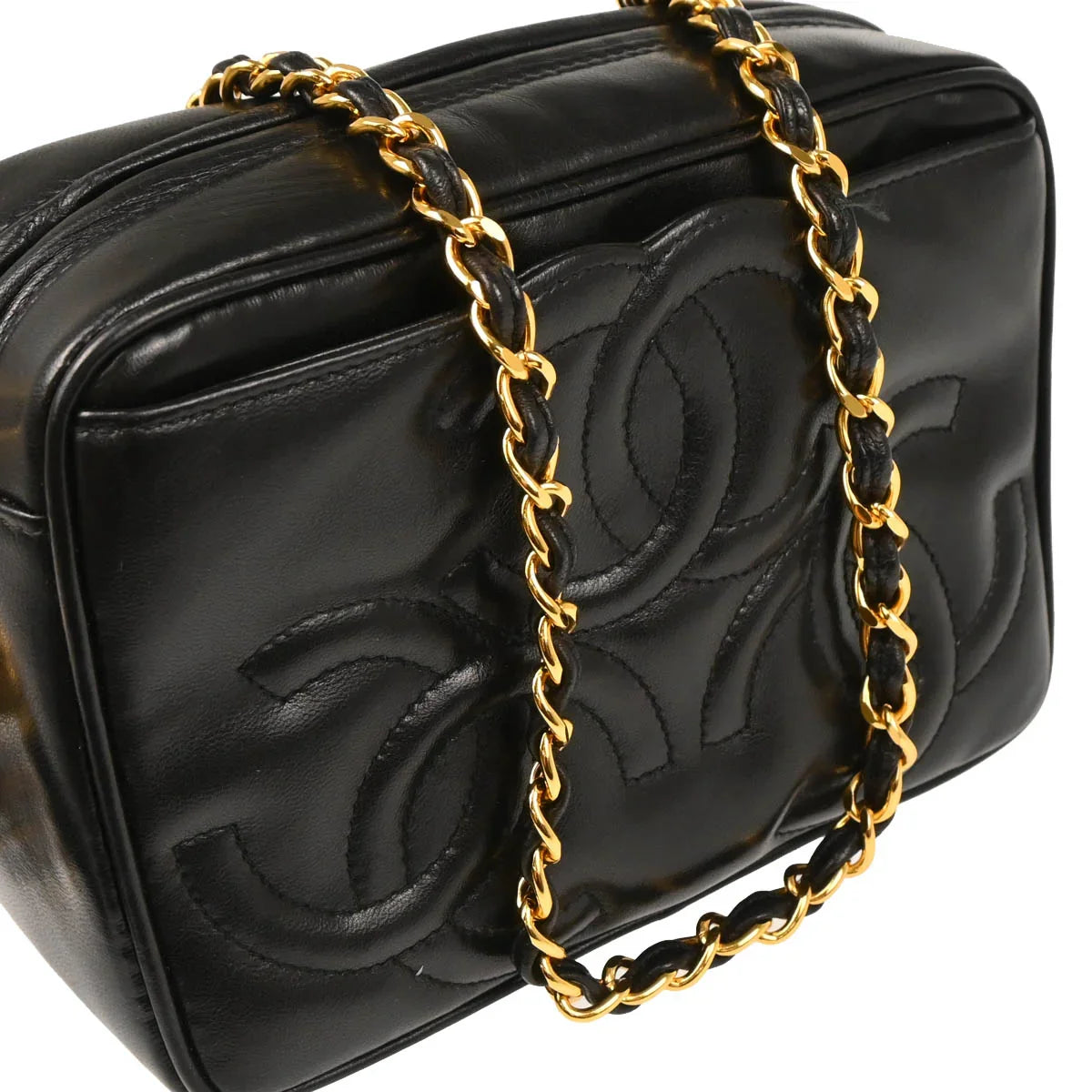 Chanel 1994-1996 Black Lambskin Triple CC Camera Bag Mini