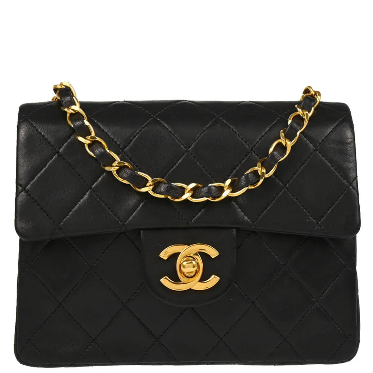 Chanel 1989-1991 Black Lambskin Mini Classic Square Flap Shoulder Bag