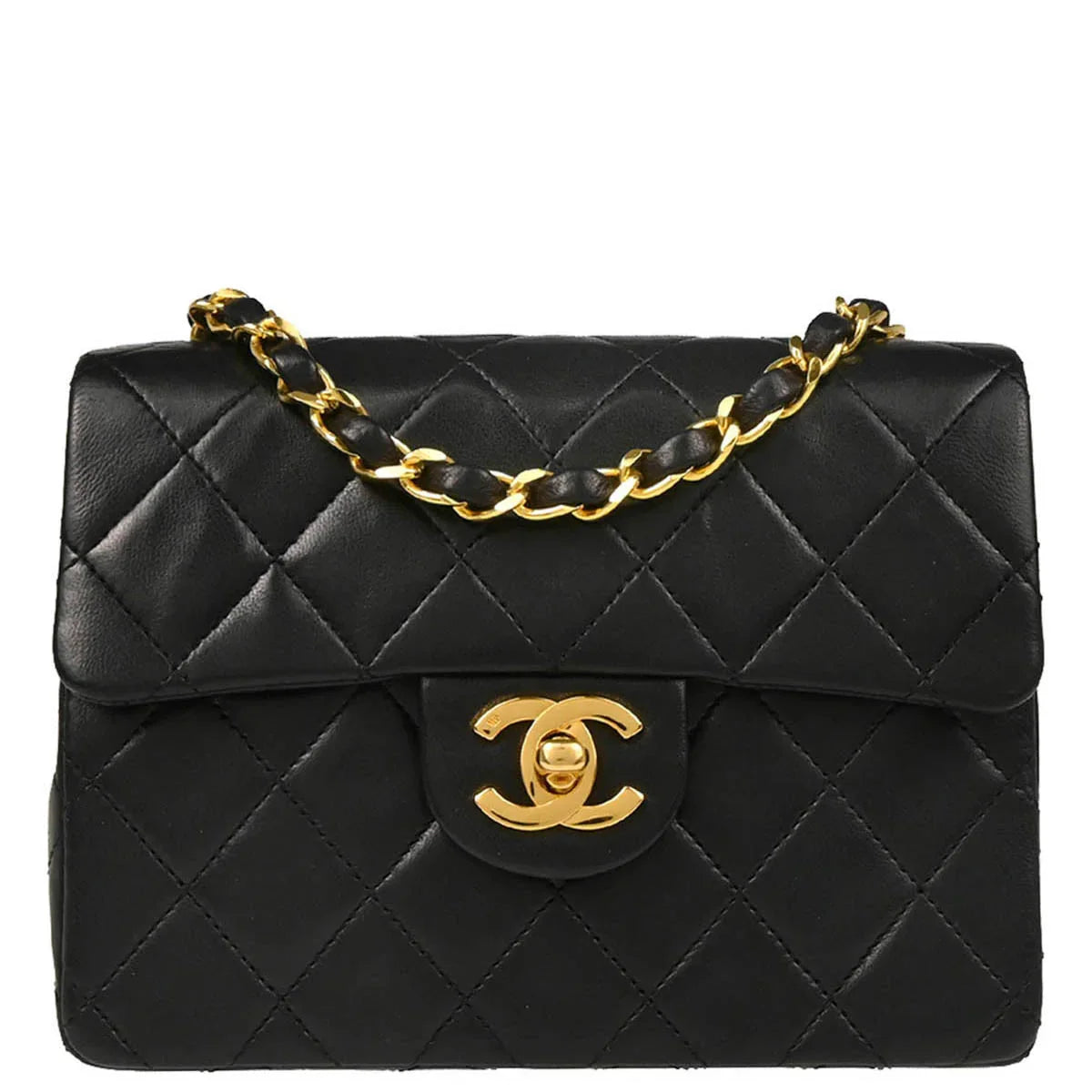 Chanel 1986-1988 Black Lambskin Mini Classic Square Flap Shoulder Bag
