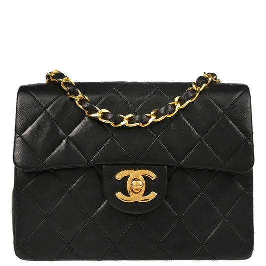 Chanel 1986-1988 Black Lambskin Mini Classic Square Flap Shoulder Bag