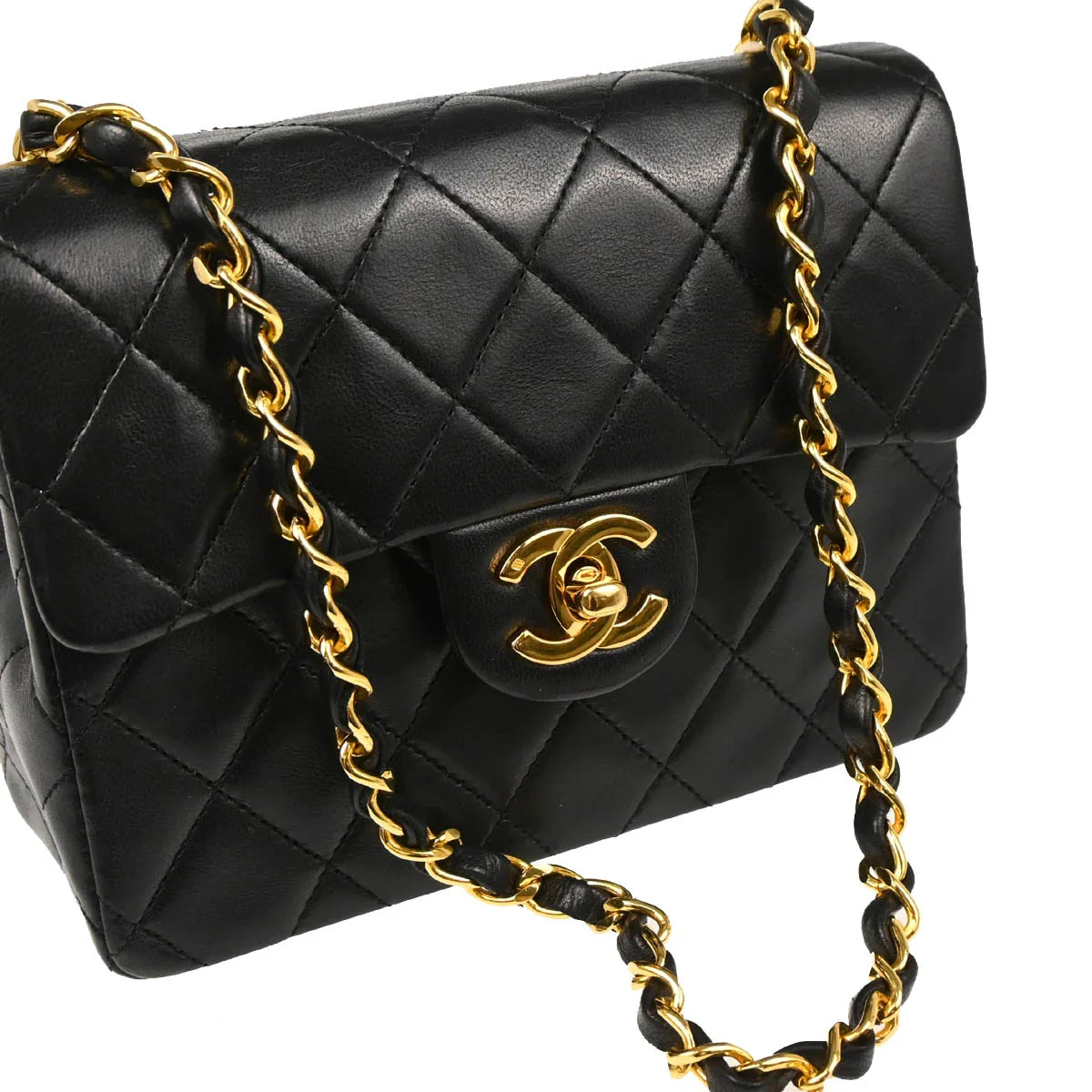 Chanel 1986-1988 Black Lambskin Mini Classic Square Flap Shoulder Bag